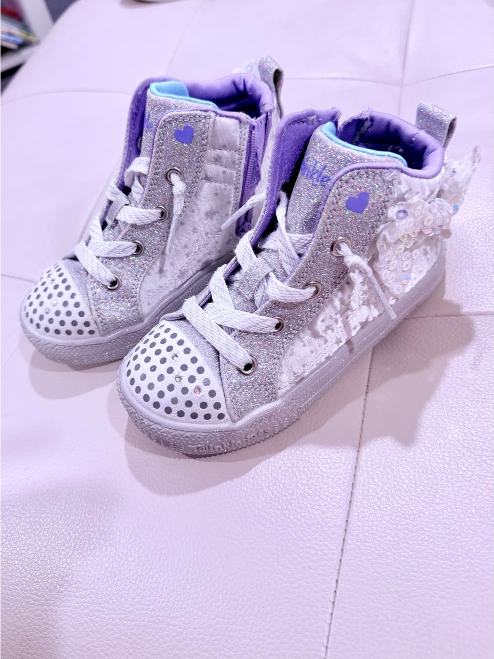 Girls' Glitter High-Top Sketchers Twinkle-Toes Sneakers in Silver and Purple
